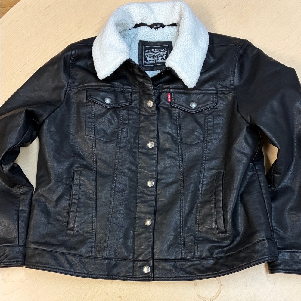 Levi's Black Faux Leather Bomber Jacket with White Sherpa Collar XL